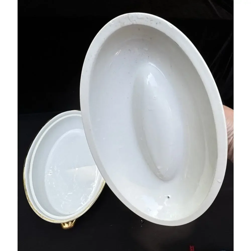 Royal Worcester Fine Porcelain 10” Oval Lidded Casserole Dish Gold Trim -4O